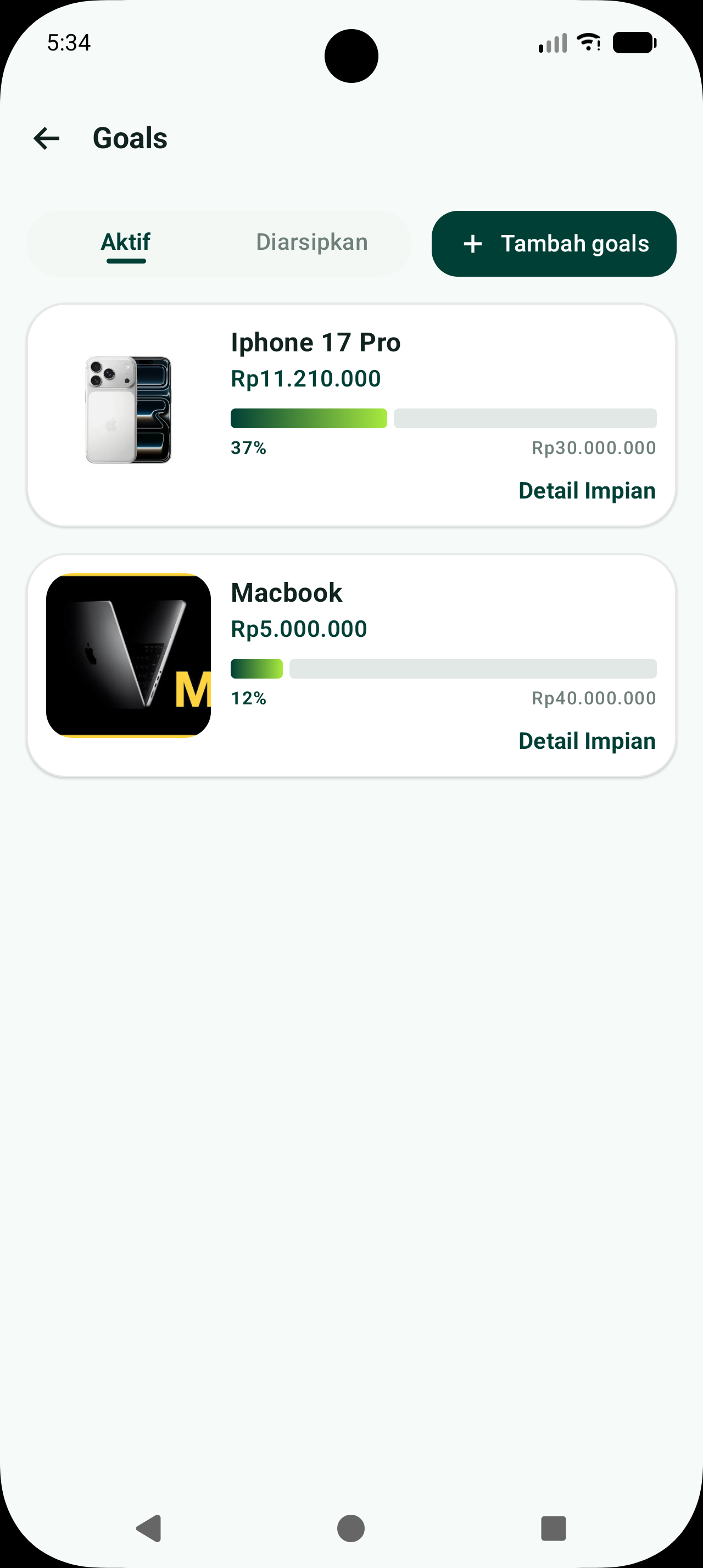 Worthbit goals screen preview